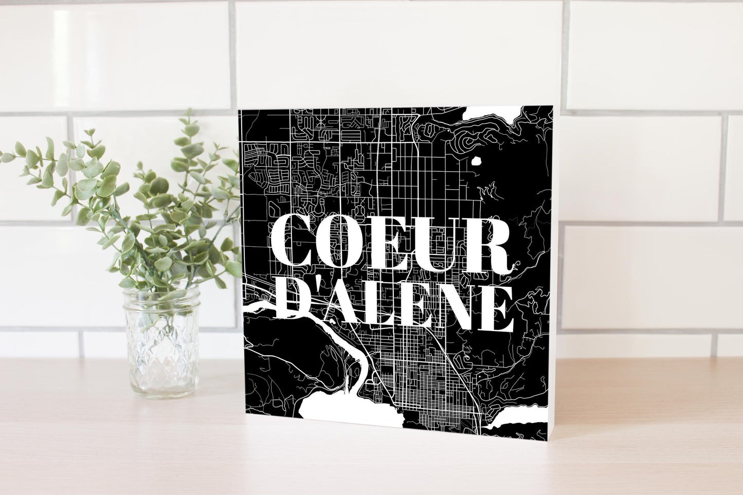 Minimalist B&W Idaho Coeur Dalene Map | Wood Block | Eaches | Min 2