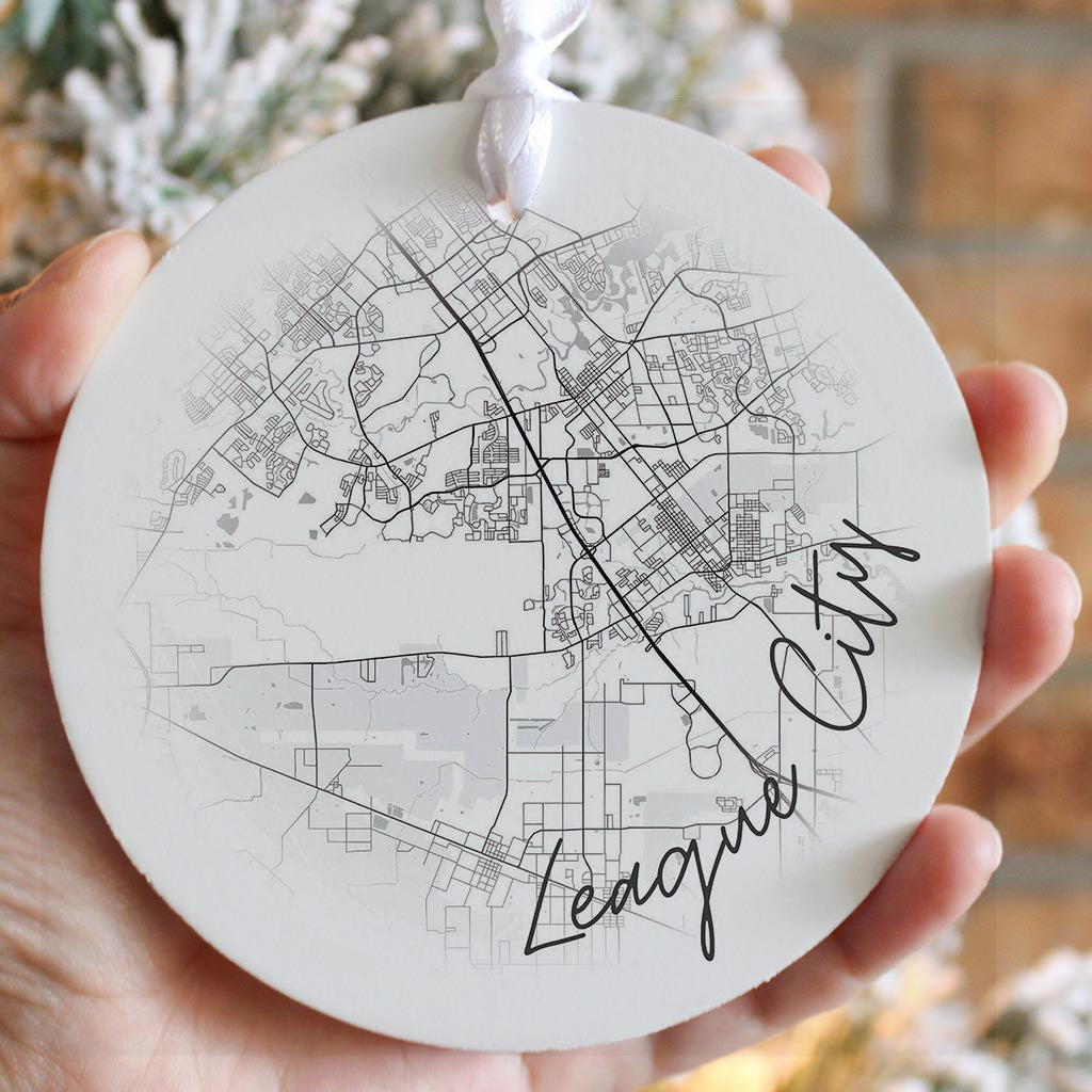 Minimalistic B&W Texas League City Circle Map| Wood Ornament | Eaches | Min 6