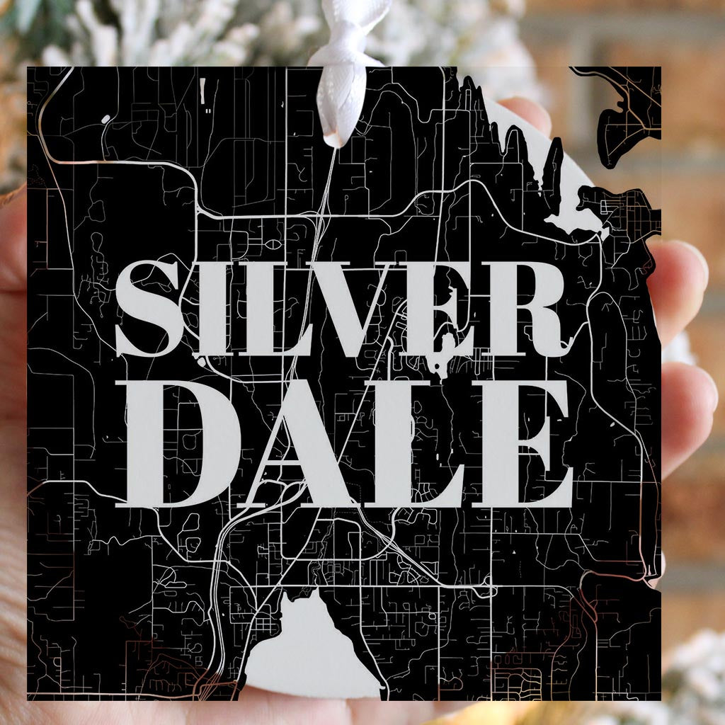 Minimalistic B&W Washington Silverdale Map | Wood Ornament | Eaches | Min 6