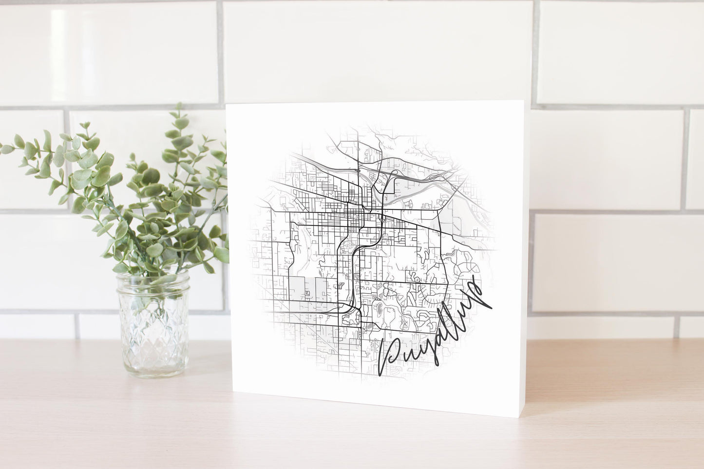Minimalistic B&W Washington Puyallup Circle Map | Wood Block | Eaches | Min 2
