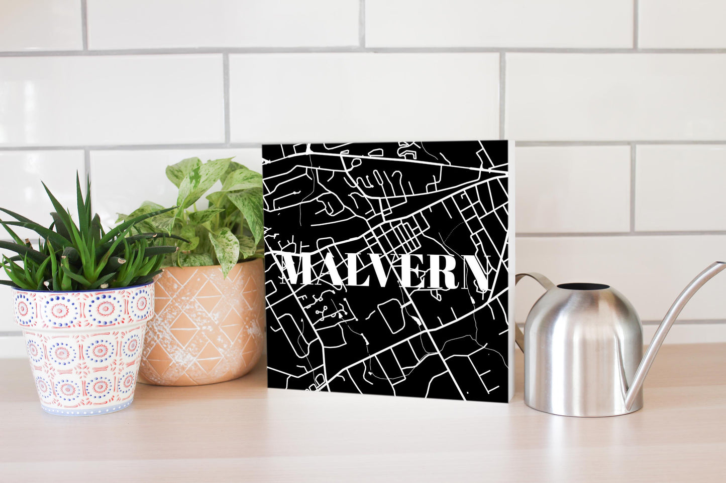 Minimalistic B&W Pennsylvania Malvern Map | Wood Block | Eaches | Min 2