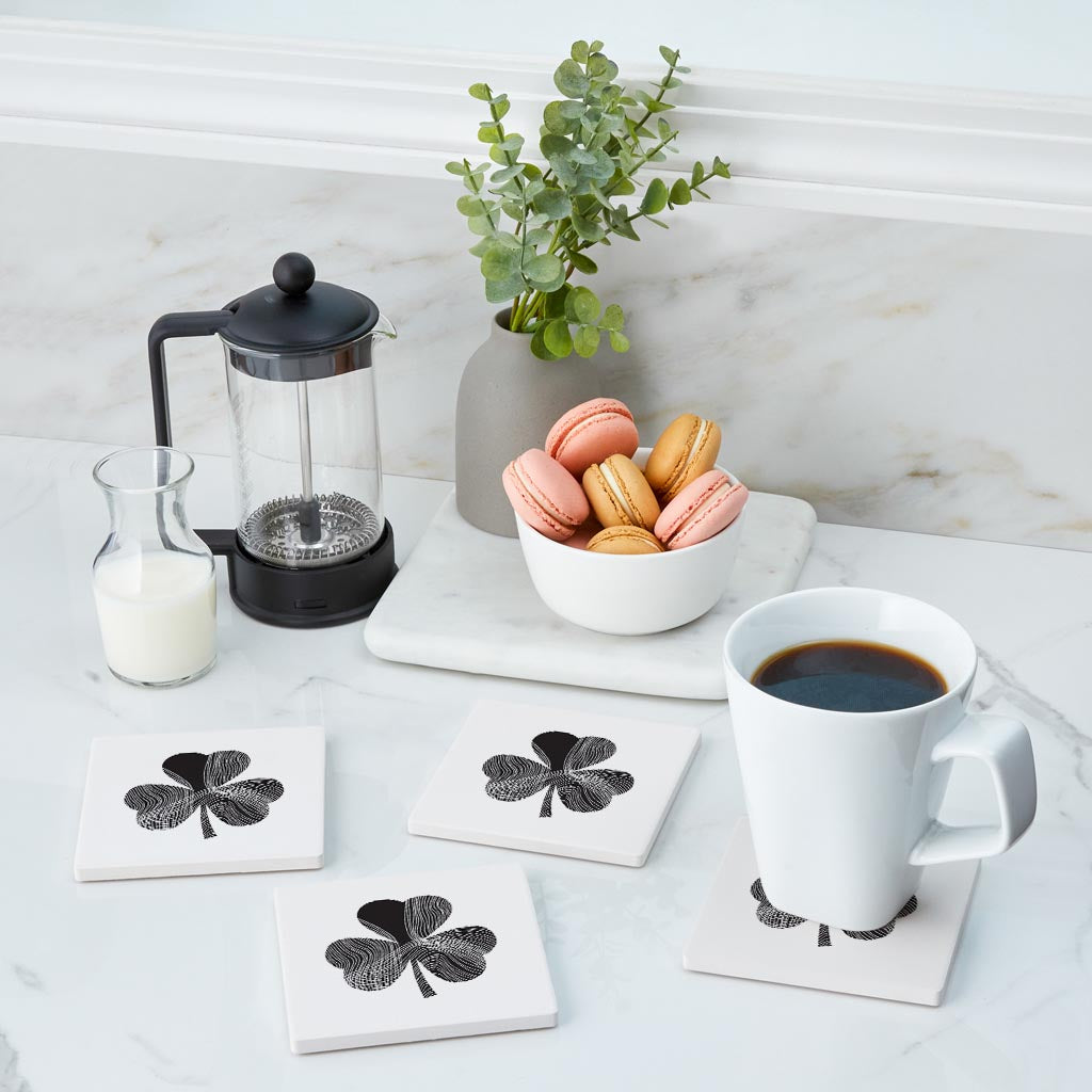 Minimalistic B&W Shamrock Shape Fluid Lines | Absorbent Coasters | Set of 4 | Min 2