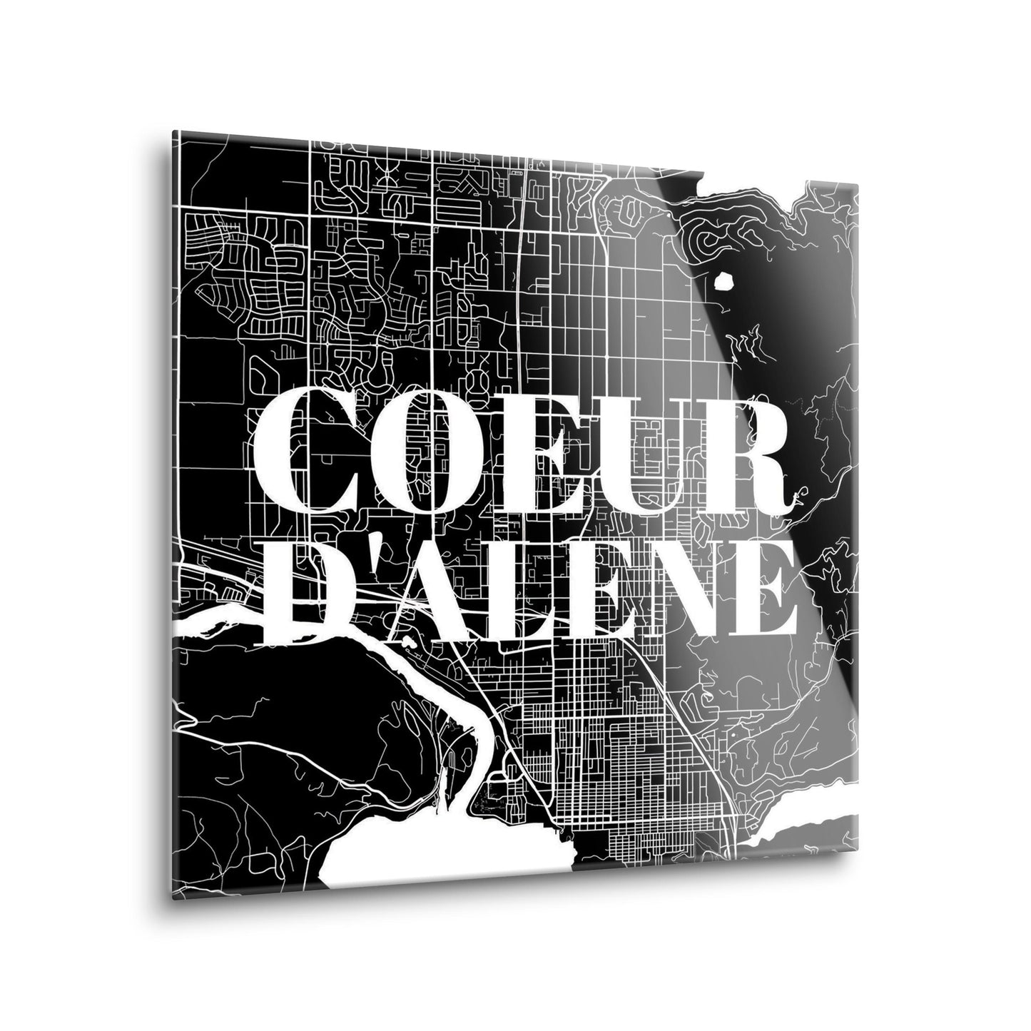 Minimalist B&W Idaho Coeur Dalene Map | Hi-Def Glass Art | Eaches | Min 2