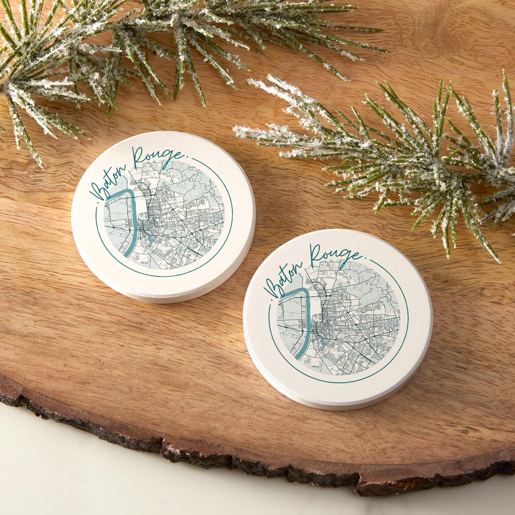 Blue White Baton Rouge Circle Map| Absorbent Car Coasters | Set of 2 | Min 4