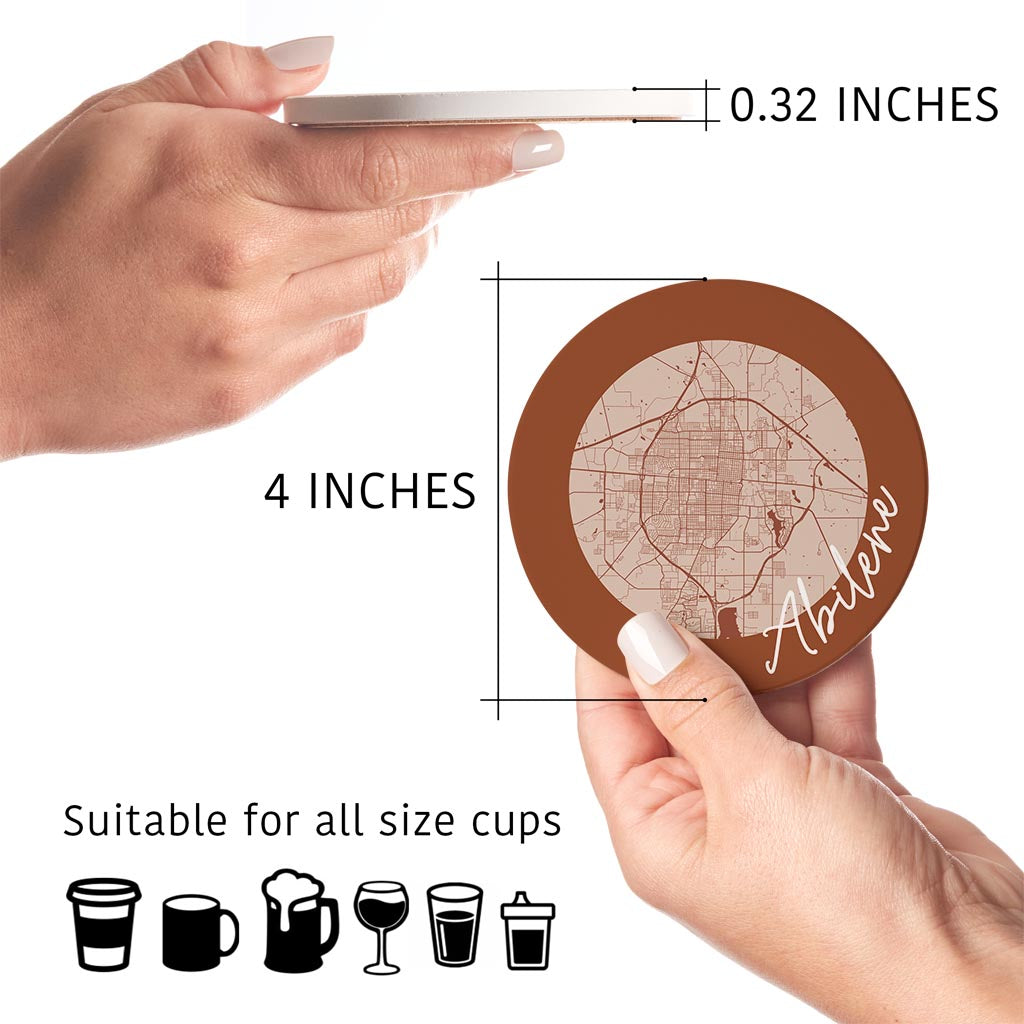 Modern Minimalist Texas Abilene Circle Map | Absorbent Coasters | Set of 4 | Min 2