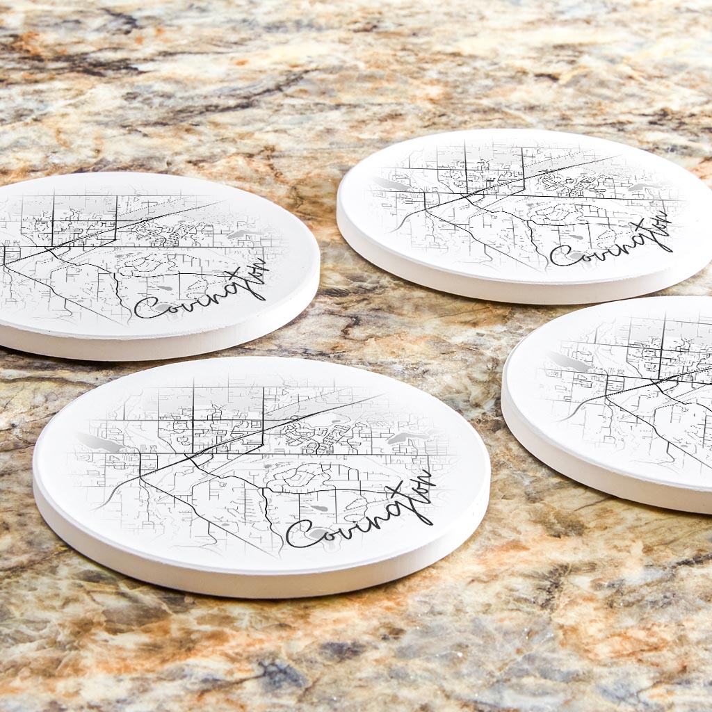 Minimalistic B&W Washington Covington Circle Map | Absorbent Coasters | Set of 4 | Min 2