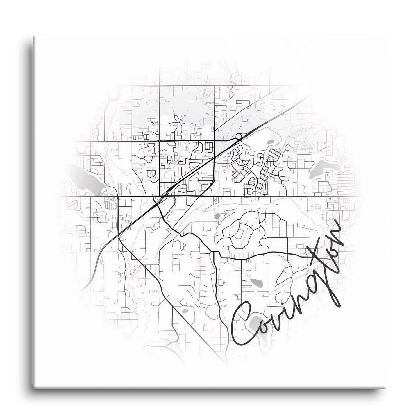 Minimalistic B&W Washington Covington Circle Map | Hi-Def Glass Art | Eaches | Min 1