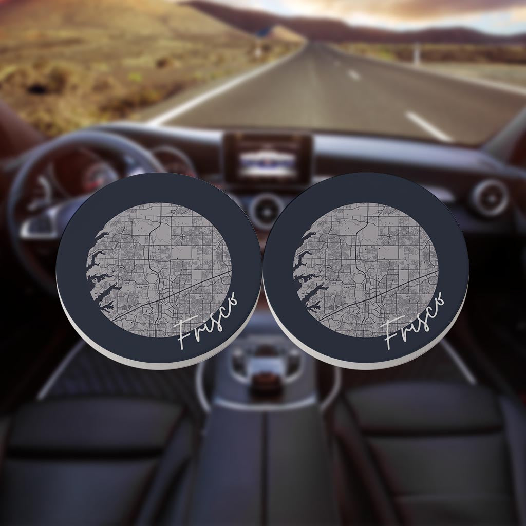 Modern Minimalist Texas Colors Frisco Circle Map | Absorbent Car Coasters | Set of 2 | Min 4