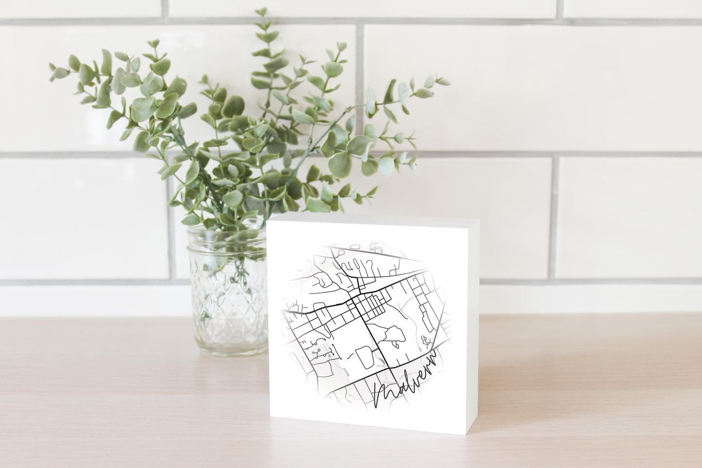 Minimalistic B&W Pennsylvania Malvern Circle Map | Wood Block | Eaches | Min 4