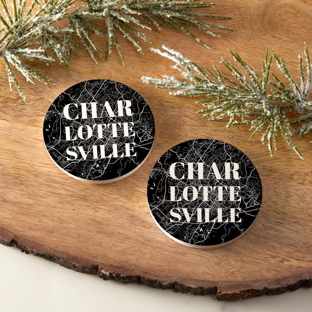 Minimalistic B&W Virginia Charlottesville Map | Absorbent Car Coasters | Set of 2 | Min 4