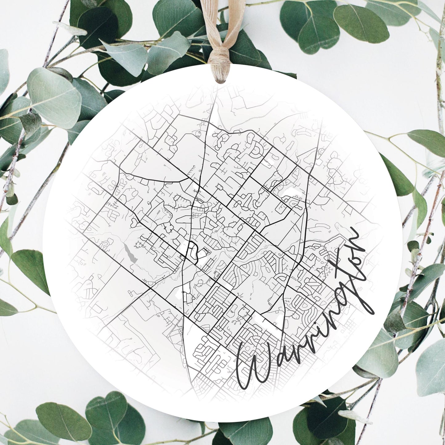 Minimalistic B&W Pennsylvania Warrington Circle Map | Wood Ornament | Eaches | Min 1