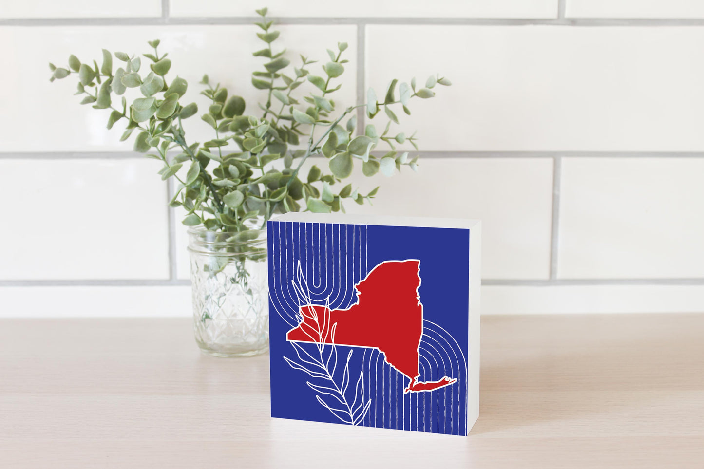 Red White And Blue New York State Retro Thin Lines | Wood Block | Eaches | Min 4