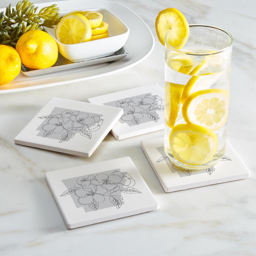 B&W Minimalist Arkansas Single Line Apple Blossoms| Absorbent Coasters | Set of 4 | Min 2
