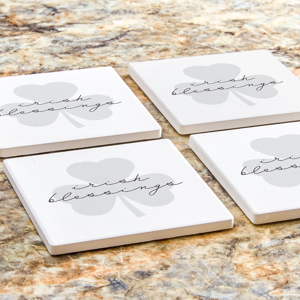 Minimalistic B&W Shamrock Irish Blessings | Absorbent Coasters | Set of 4 | Min 2