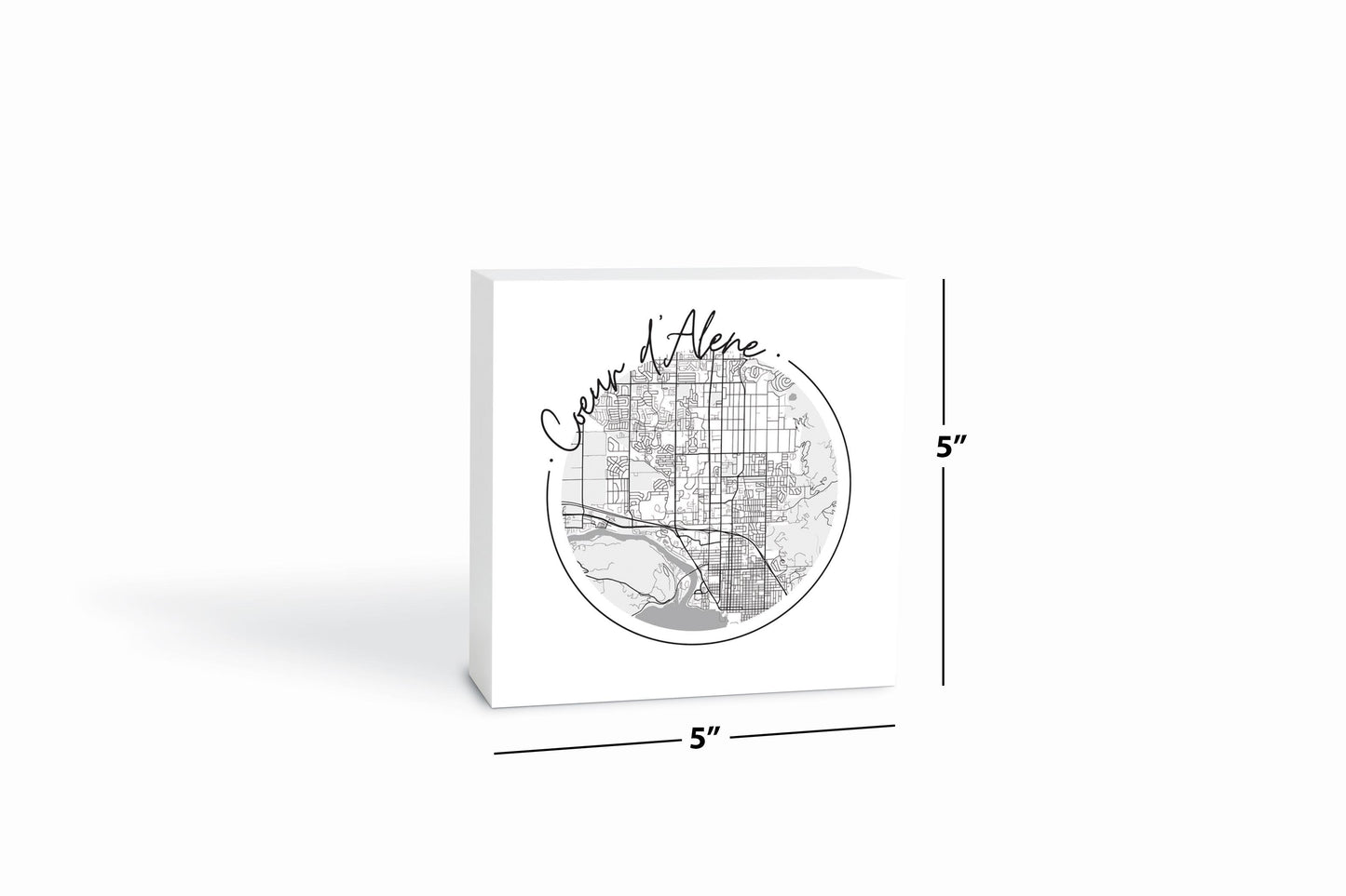 Minimalist B&W Idaho Coeur Dalene Circle Map | Wood Block | Eaches | Min 4
