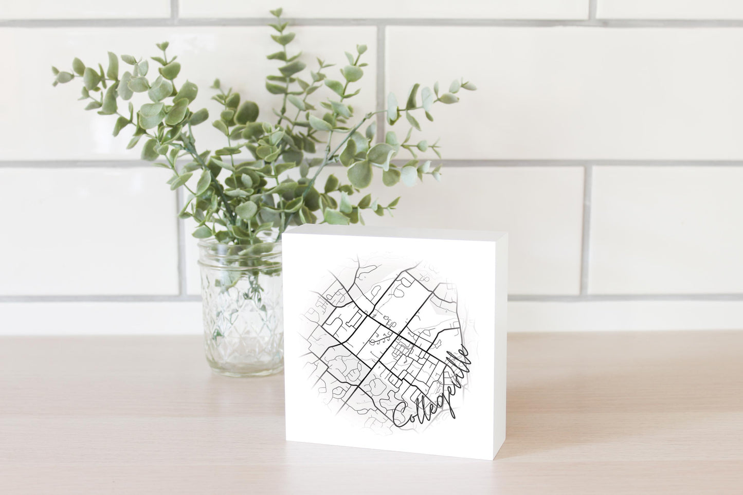 Minimalistic B&W Pennsylvania Collegeville Circle Map | Wood Block | Eaches | Min 4