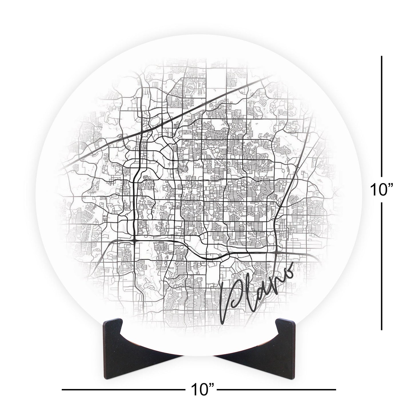 Minimalistic B&W Texas Plano Circle Map | Wood Sign | Eaches | Min 1