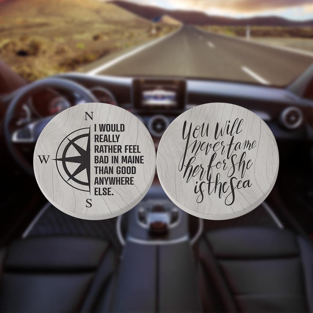 New England Sayings With Wood Grain | Absorbent Car Coasters | Set of 2 | Min 4