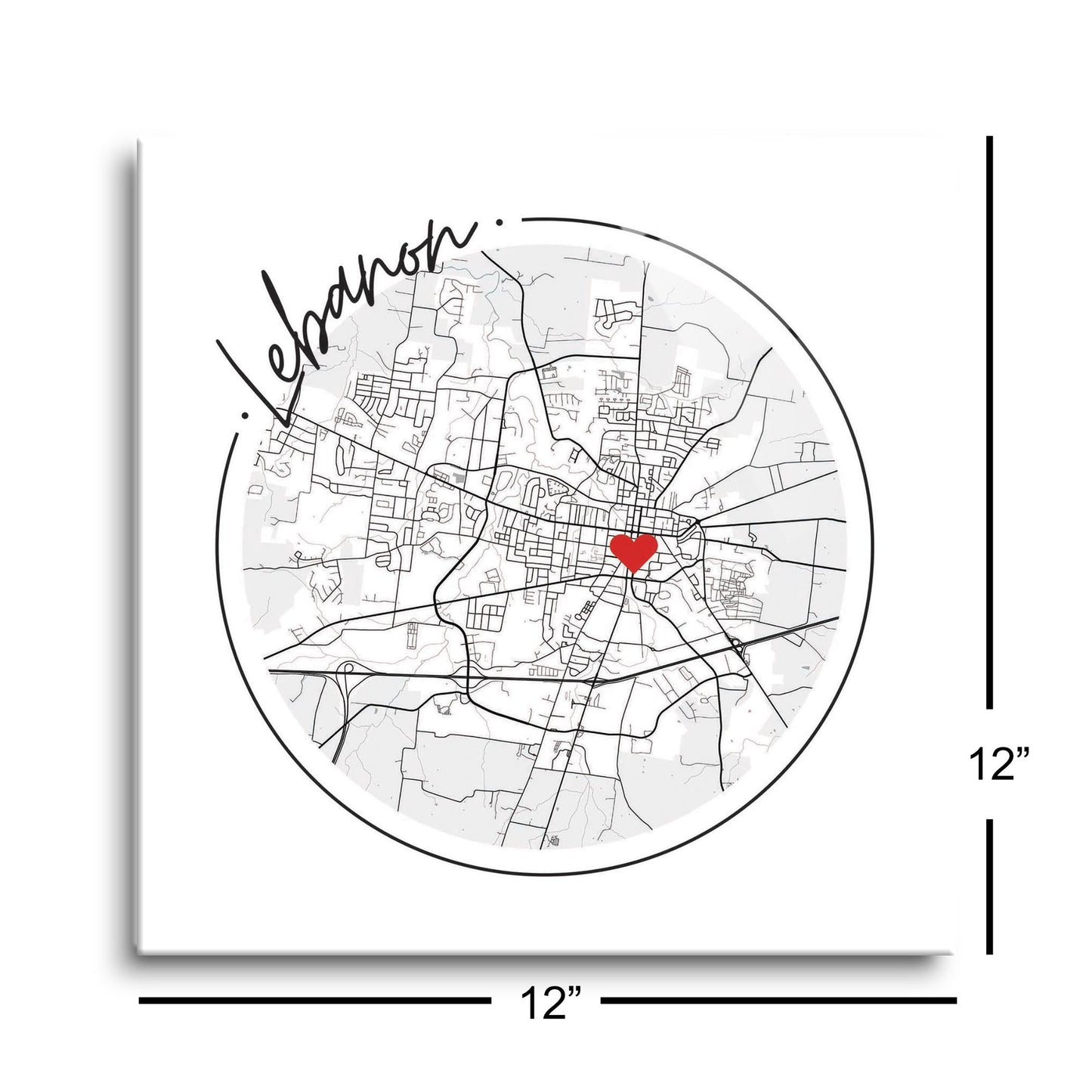 Minimalist B&W Tennessee Lebanon Circle Map Heart | Hi-Def Glass Art | Eaches | Min 1