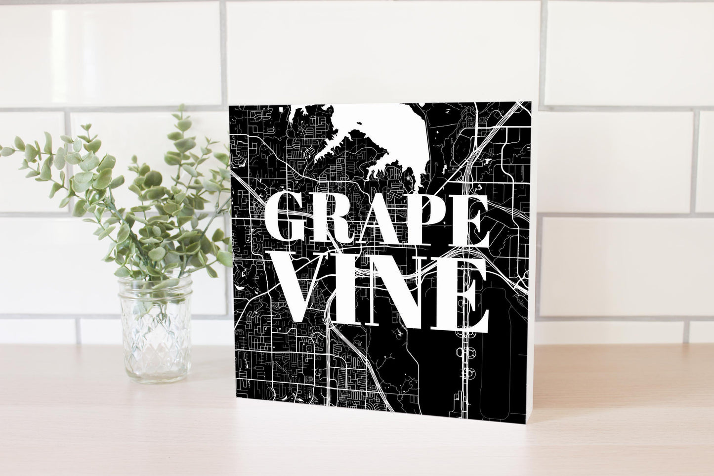 Minimalistic B&W Texas Grapevine Map | Wood Block | Eaches | Min 2