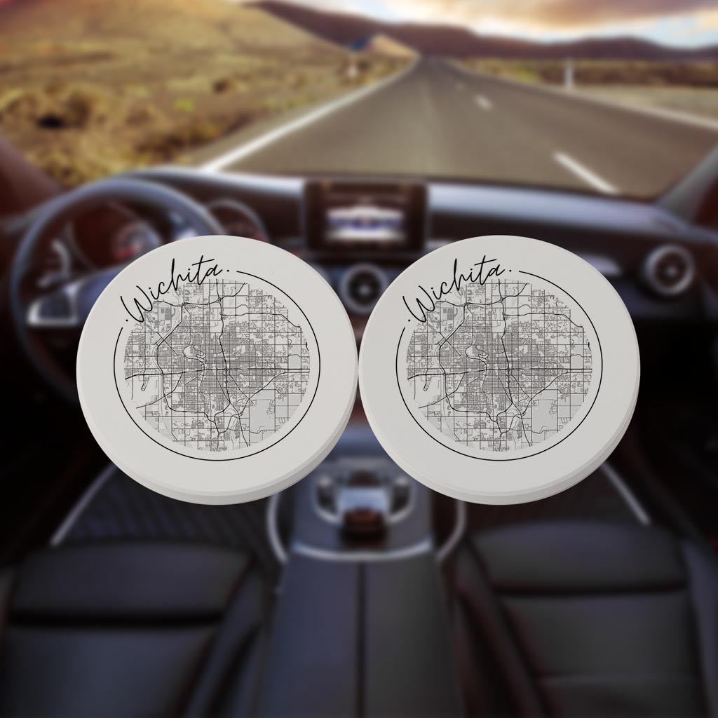 Minimalist B&W Kansas Wichita Circle Map | Absorbent Car Coasters | Set of 2 | Min 4