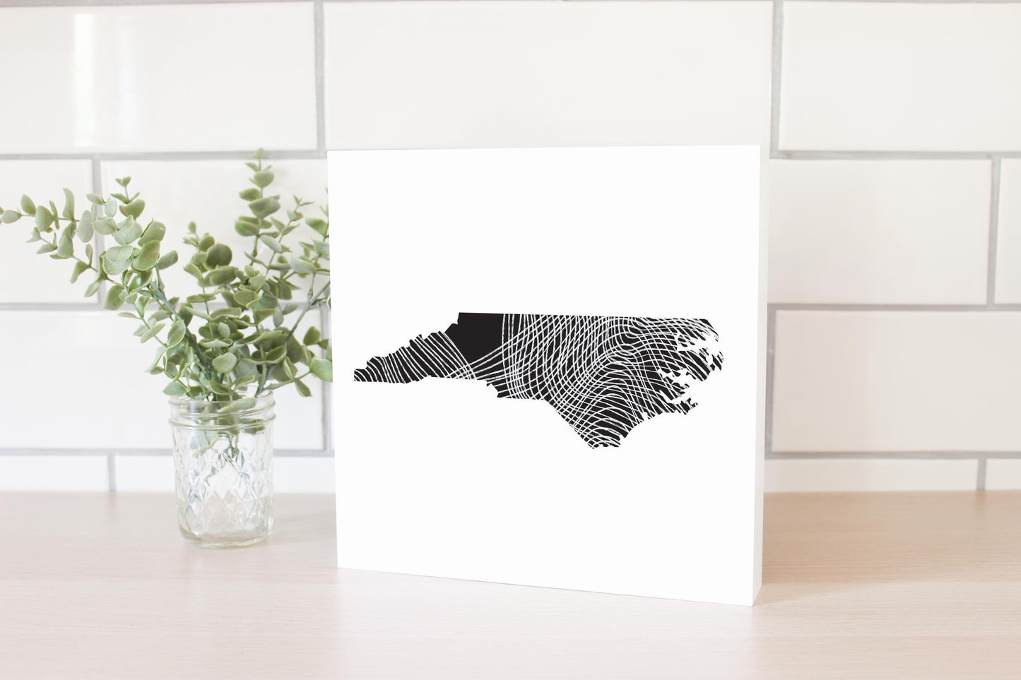 Minimalistic B&W North Carolina State Black With Fluid Lines | Wood Block | Eaches | Min 2