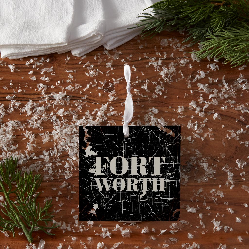 Minimalistic B&W Texas Fort Worth Map | Wood Ornament | Eaches | Min 6