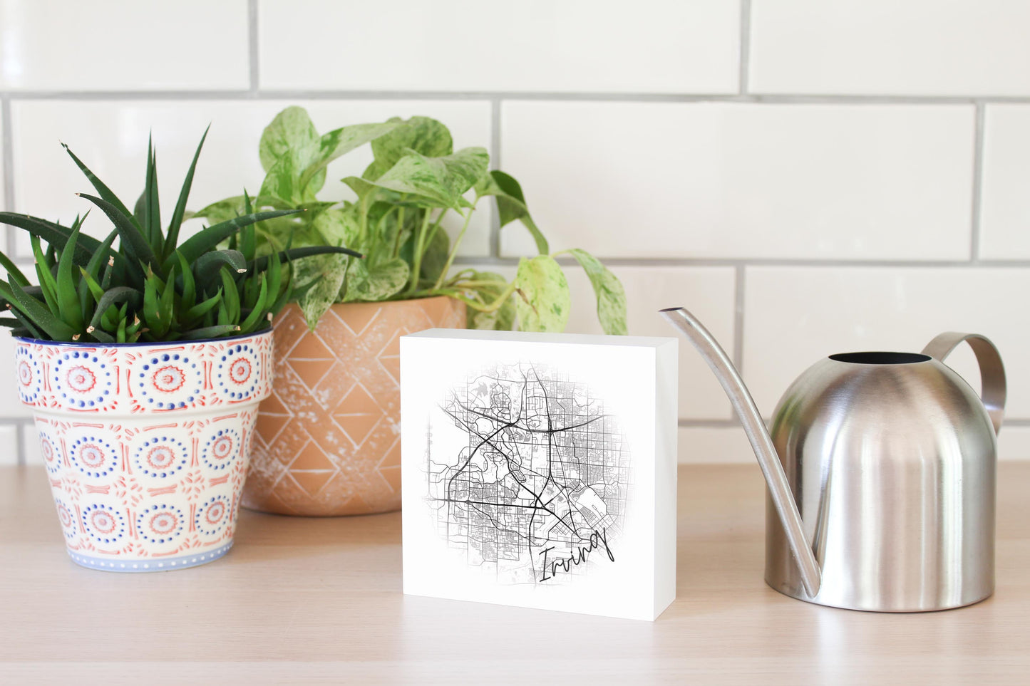 Minimalistic B&W Texas Irving Circle Map | Wood Block | Eaches | Min 4