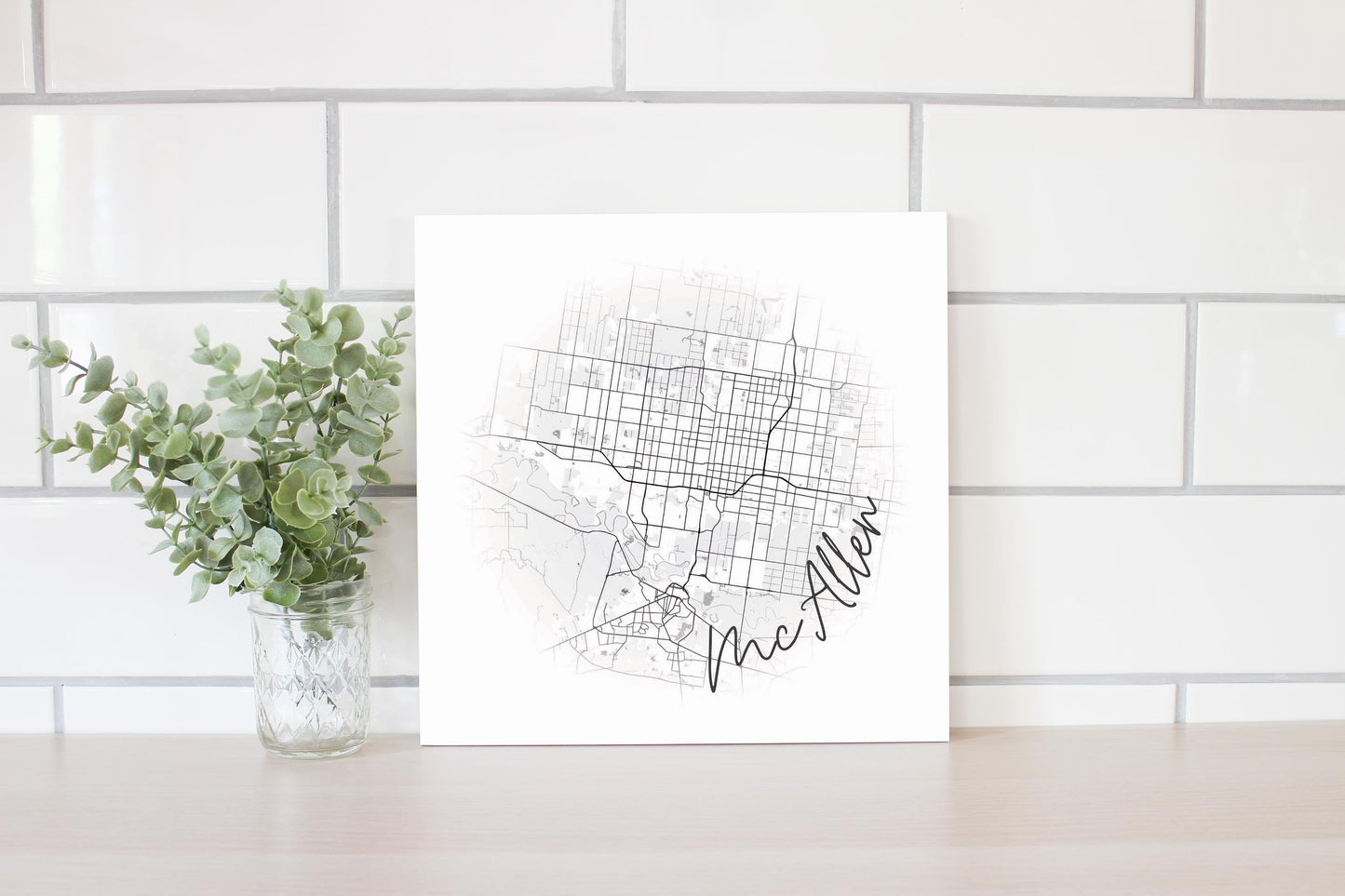 Minimalistic B&W Texas Mcallen Circle Map | Wood Sign | Eaches | Min 2