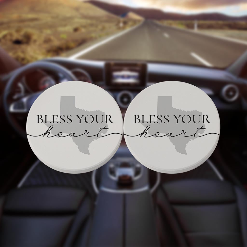 Minimalistic B&W Texas Bless Your Heart | Absorbent Car Coasters | Set of 2 | Min 4