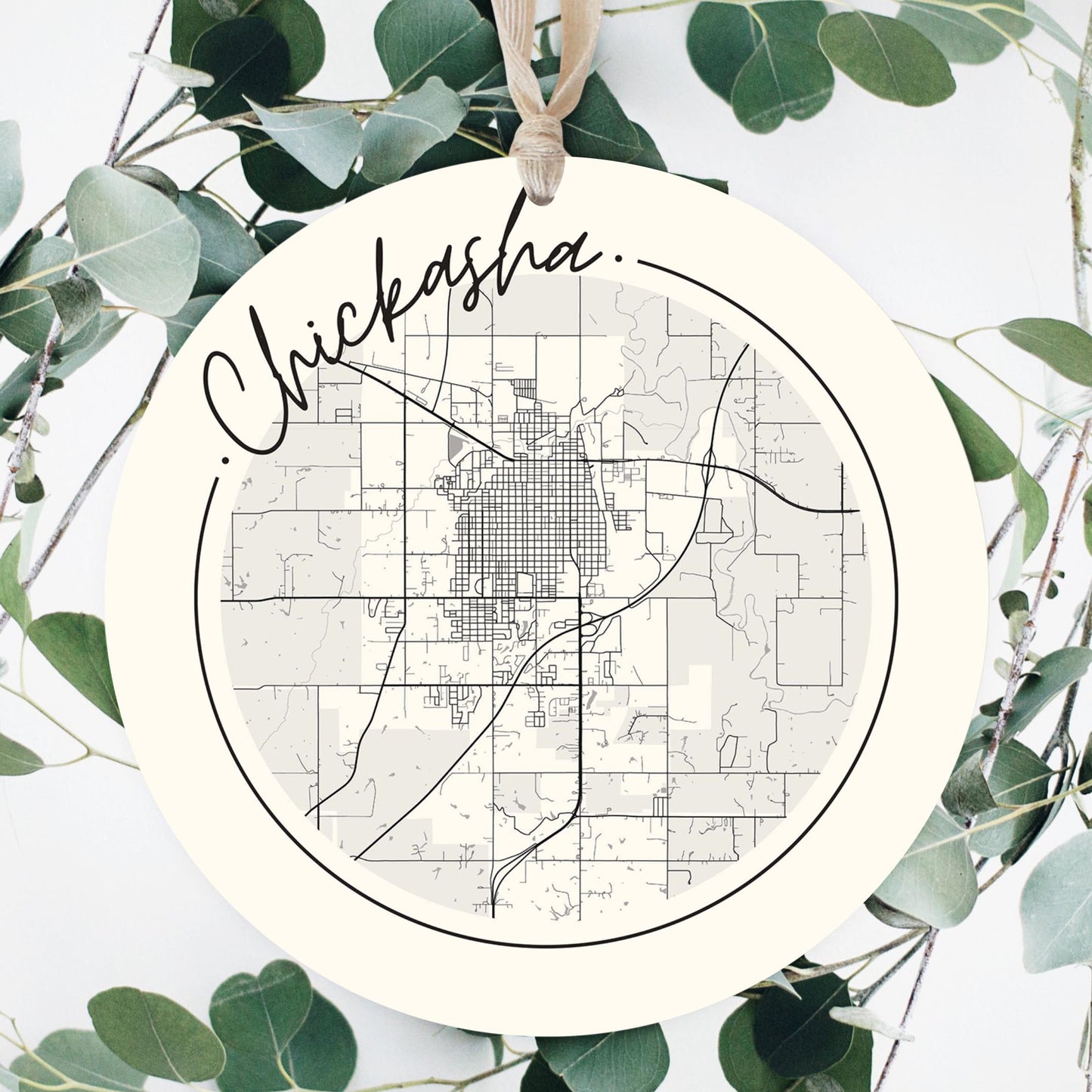 Modern Minimalist Oklahoma Chickasha Map | Wood Ornament | Eaches | Min 1