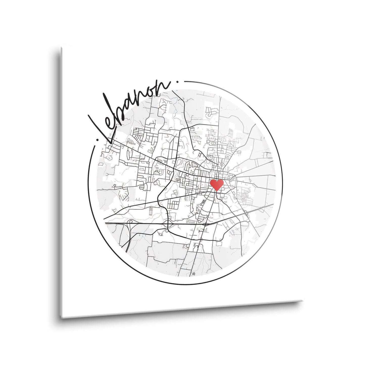 Minimalist B&W Tennessee Lebanon Circle Map Heart | Hi-Def Glass Art | Eaches | Min 1