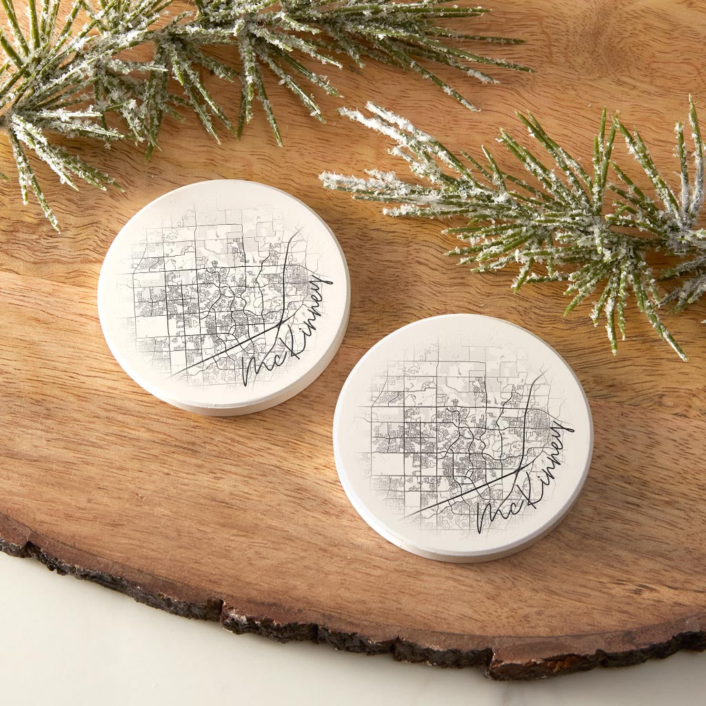 Minimalistic B&W Texas Mckinney Circle Map | Absorbent Car Coasters | Set of 2 | Min 4