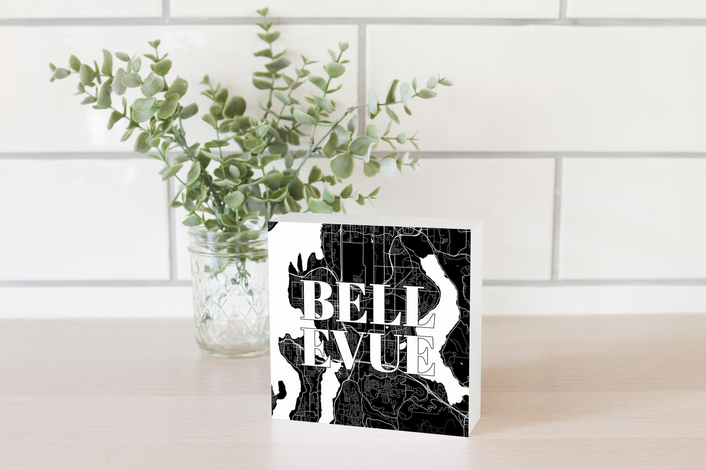 Minimalistic B&W Washington Bellevue Map | Wood Block | Eaches | Min 4