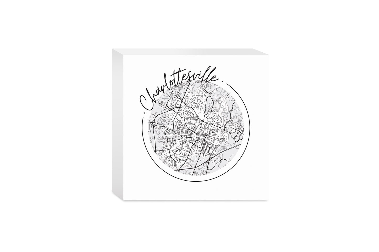 Minimalistic B&W Virginia Charlottesville Circle Map | Wood Block | Eaches | Min 4