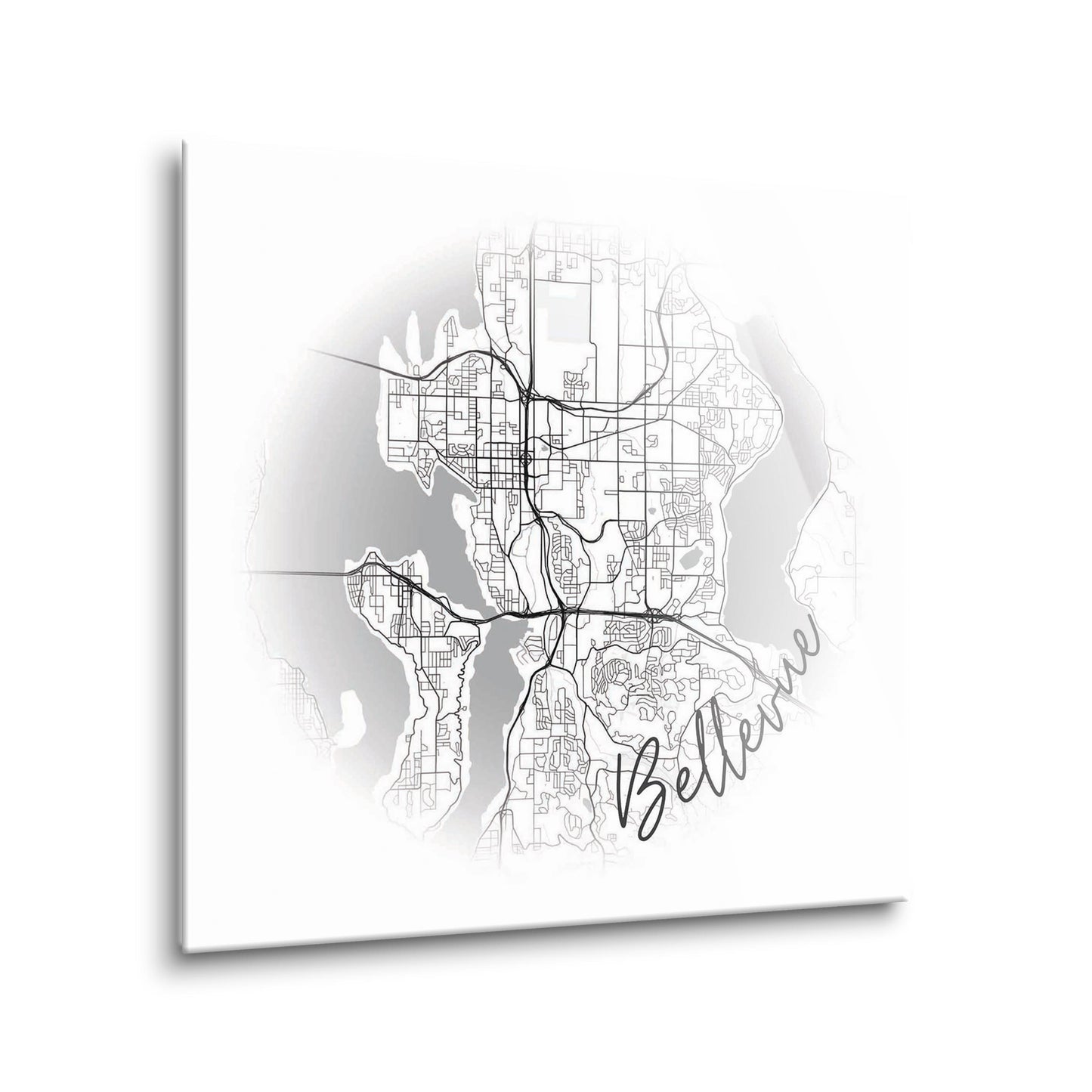 Minimalistic B&W Washington Bellevue Circle Map | Hi-Def Glass Art | Eaches | Min 2