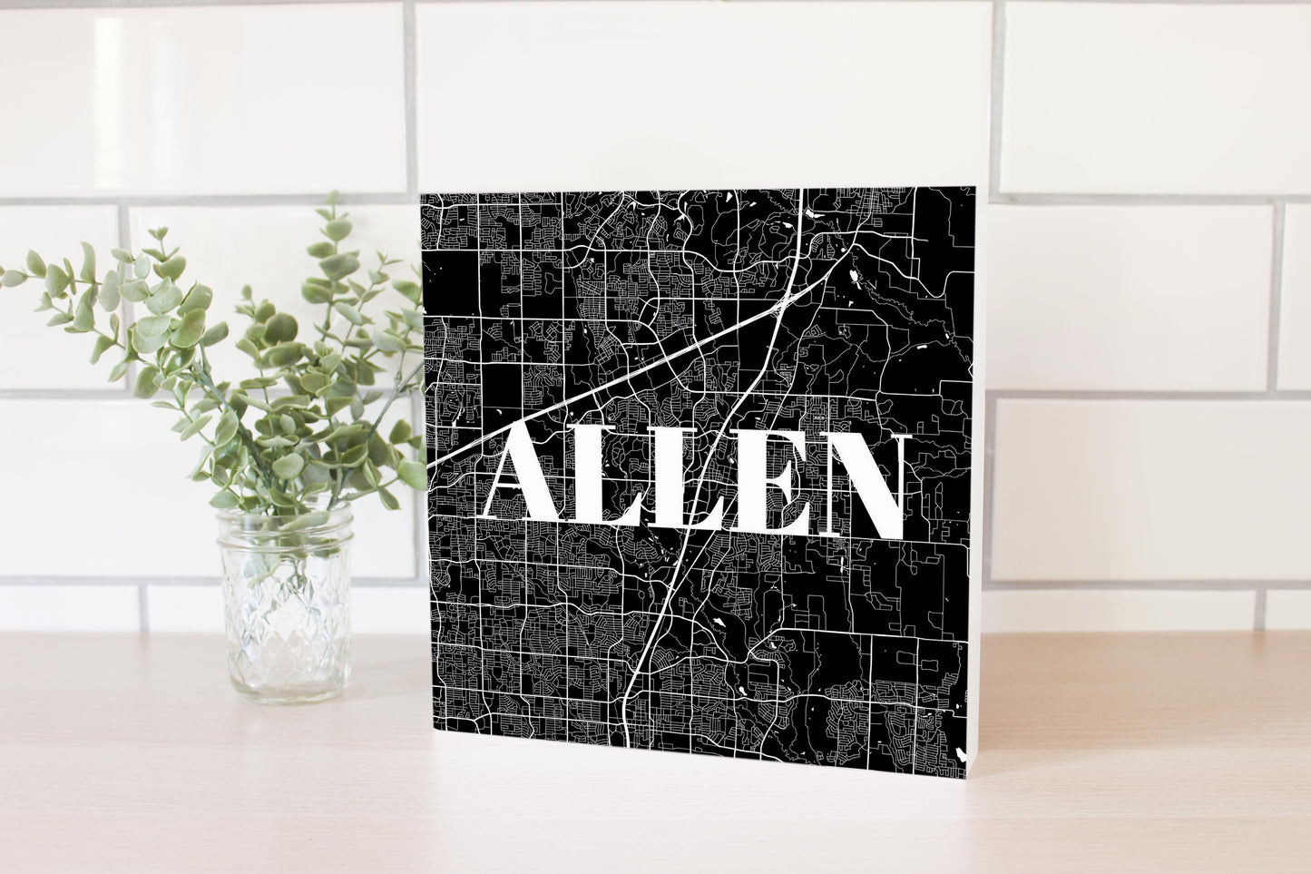 Minimalistic B&W Texas Allen Map | Wood Block | Eaches | Min 2