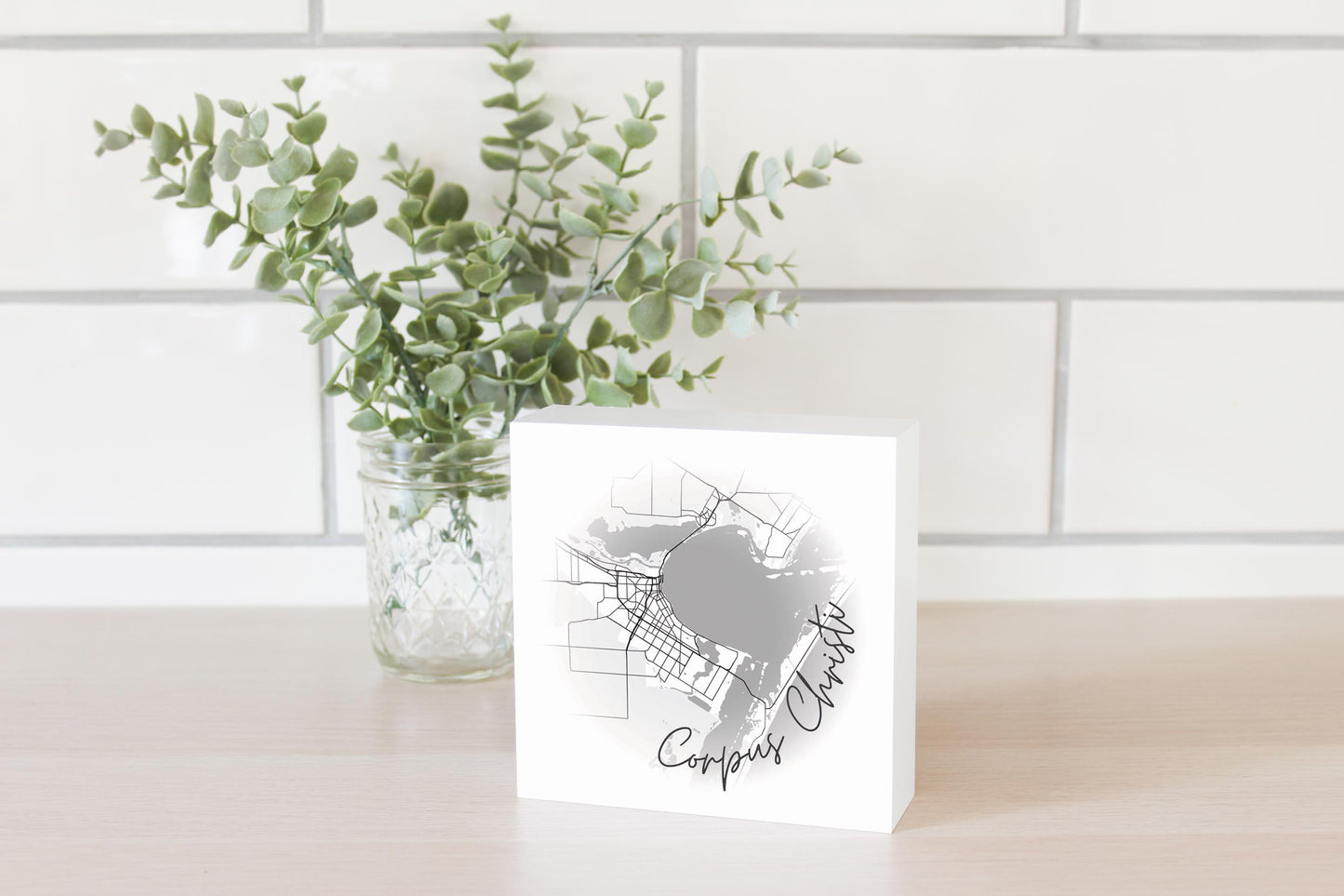 Minimalistic B&W Texas Corpus Christi Circle Map| Wood Block | Eaches | Min 4