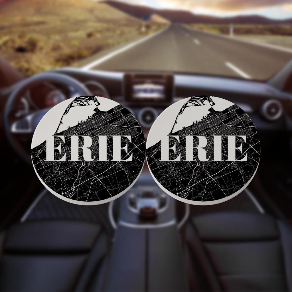 Minimalistic B&W Pennsylvania Erie Map | Absorbent Car Coasters | Set of 2 | Min 4