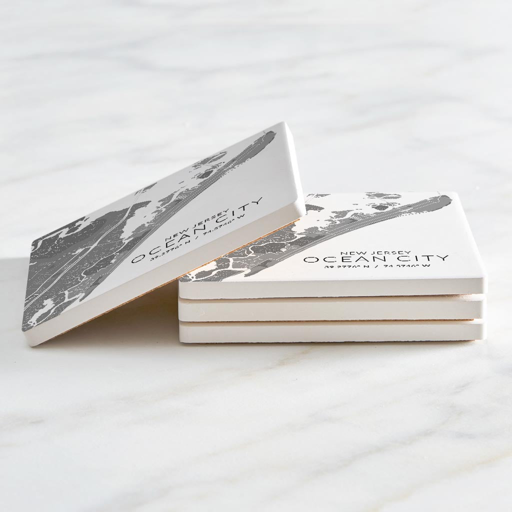 Ocean City Nj Minimalistic Map With Coordinates | Absorbent Coasters | Set of 4 | Min 2