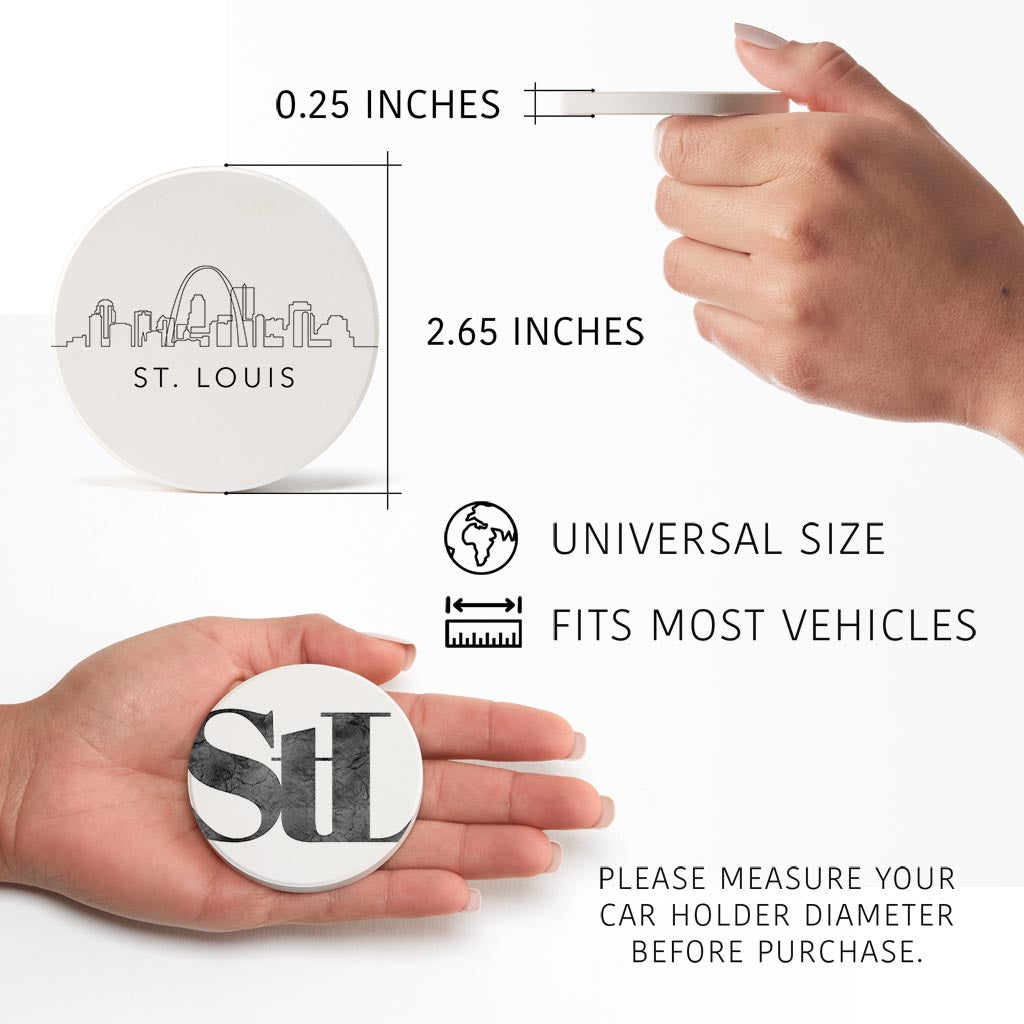 Minimalist B&W Missouri St Louis Skyline Line Stl| Absorbent Car Coasters | Set of 2 | Min 4