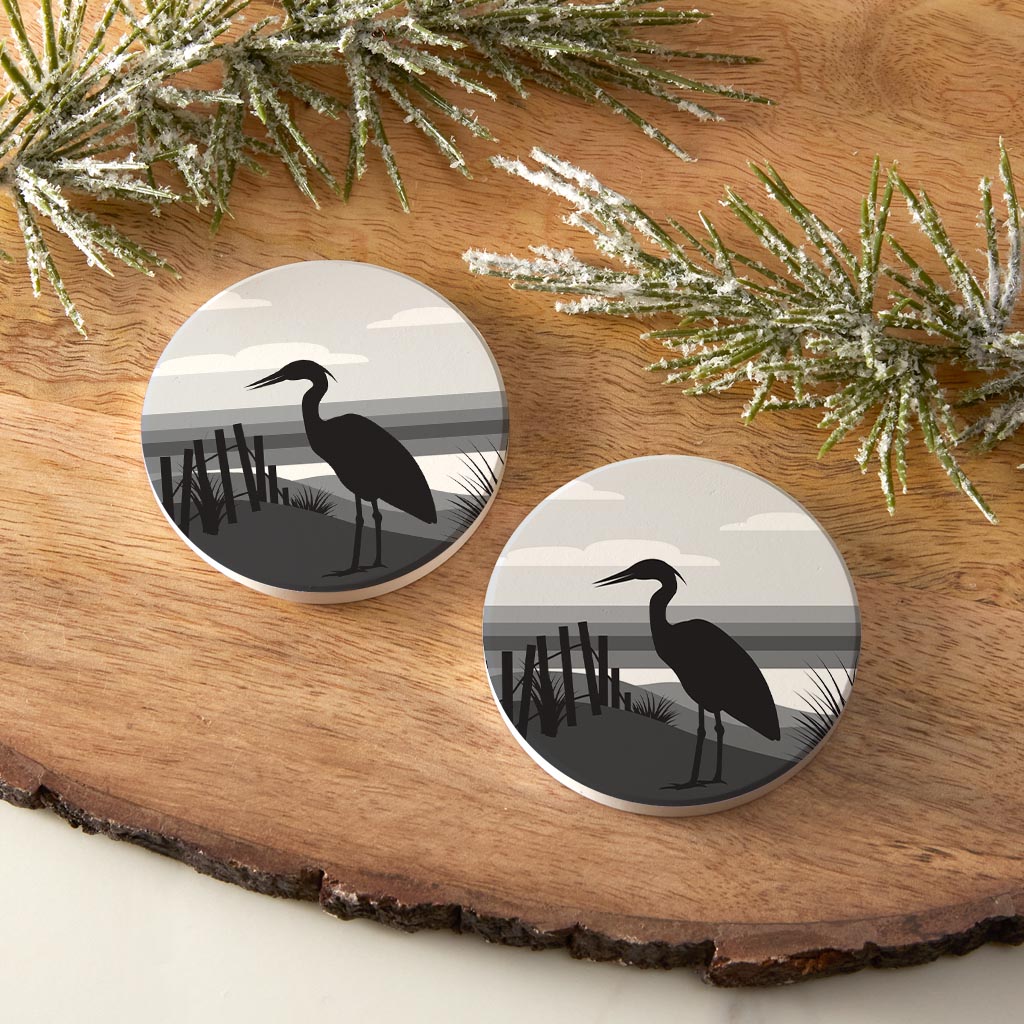 Minimalistic B&W Cape Cod Heron Illustration | Absorbent Car Coasters | Set of 2 | Min 4