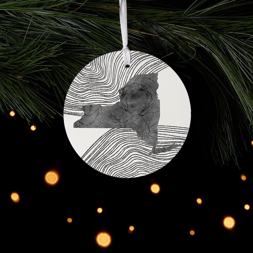 Minimalistic B&W New York State With Fluid Lines | Wood Ornament | Eaches | Min 6