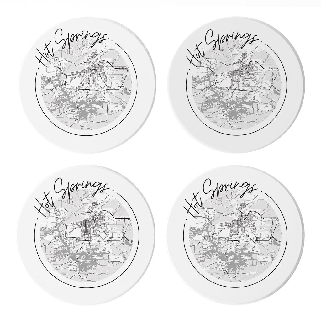 B&W Minimalist Arkansas Hot Springs Circle Map | Absorbent Coasters | Set of 4 | Min 2