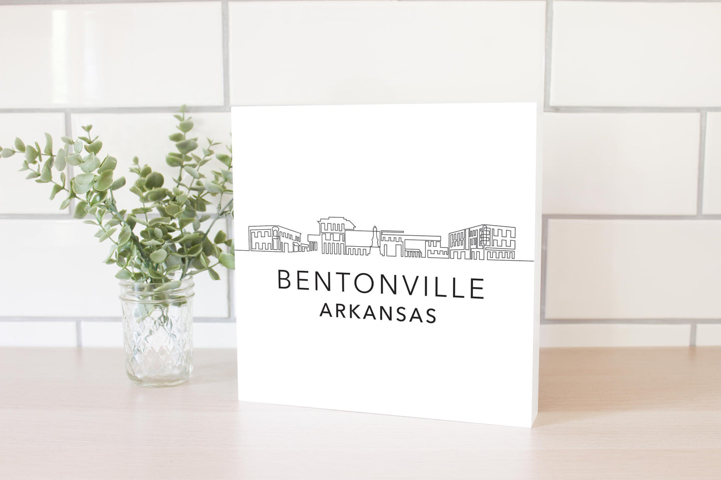 Minimalist B&W Arkansas Bentonville Skyline | Wood Block | Eaches | Min 2