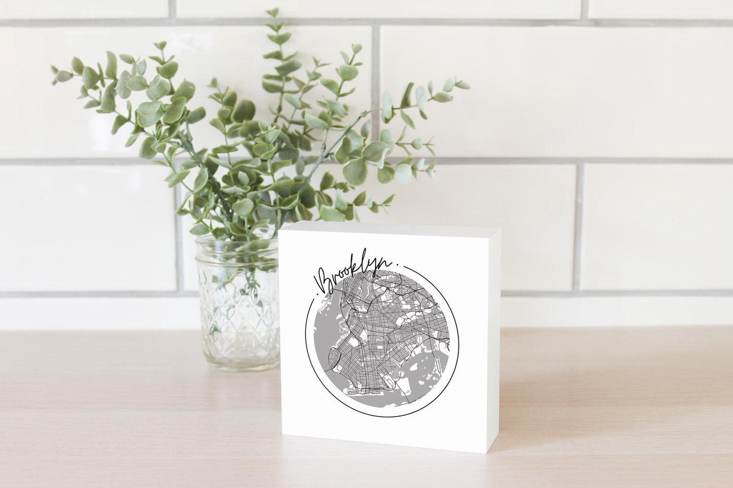 Minimalistic B&W New York Brooklyn Circle Map | Wood Block | Eaches | Min 4