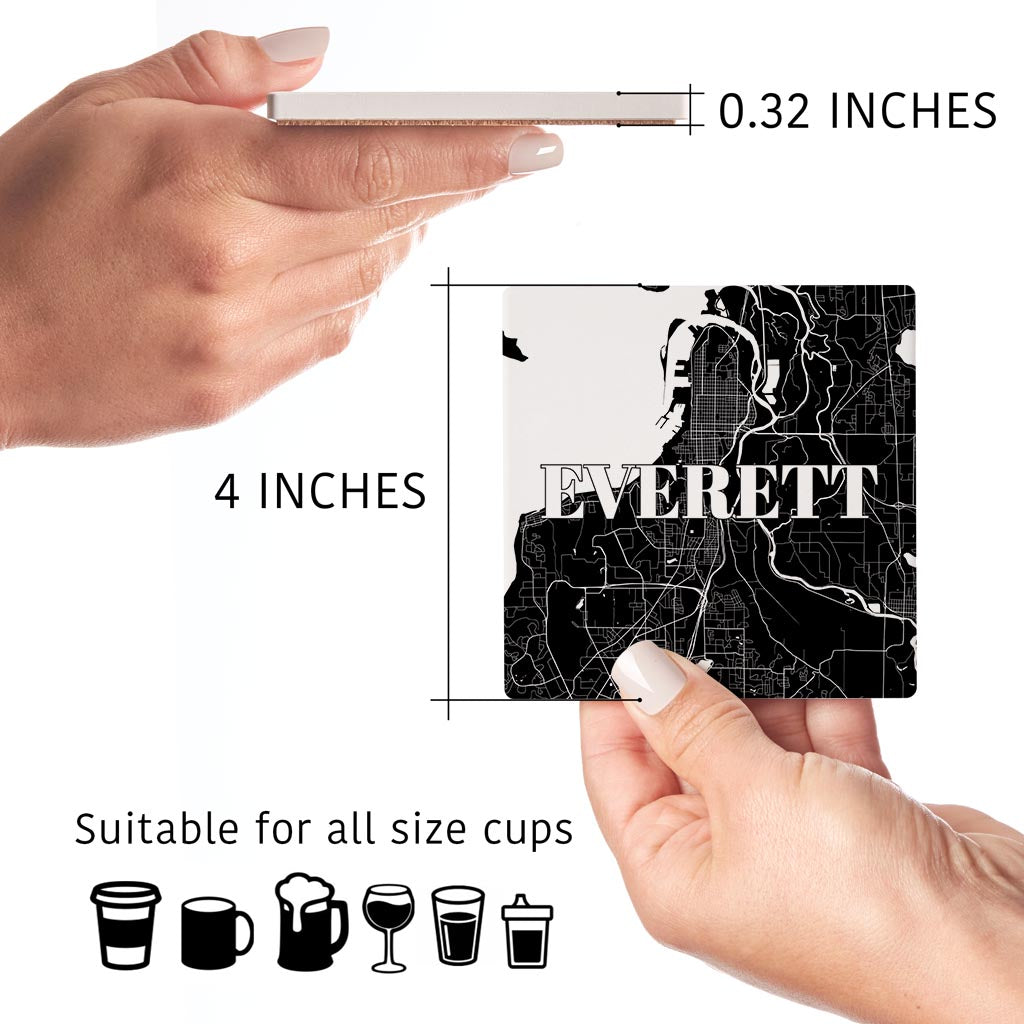 Minimalistic B&W Washington Everett Map | Absorbent Coasters | Set of 4 | Min 2