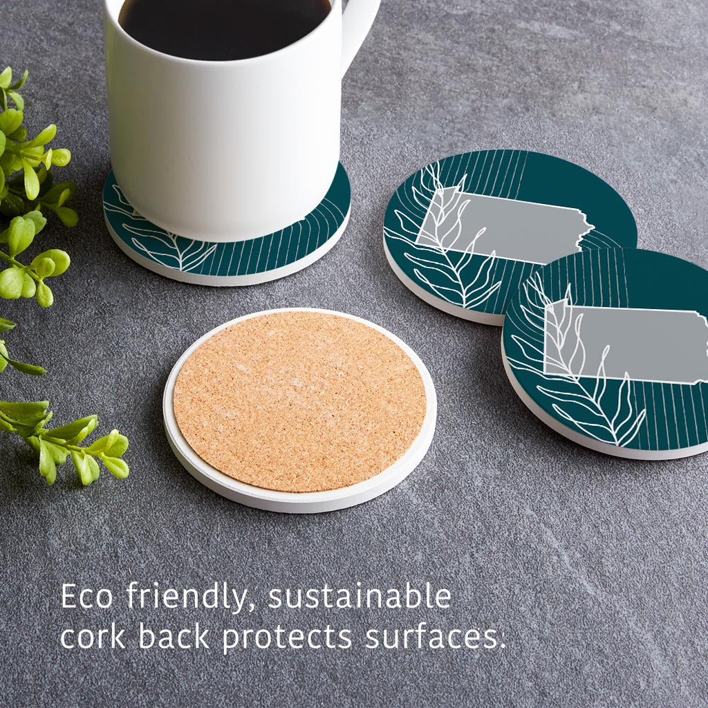 Modern Minimalist Pennsylvania Shape With Leaf | Absorbent Coasters | Set of 4 | Min 2