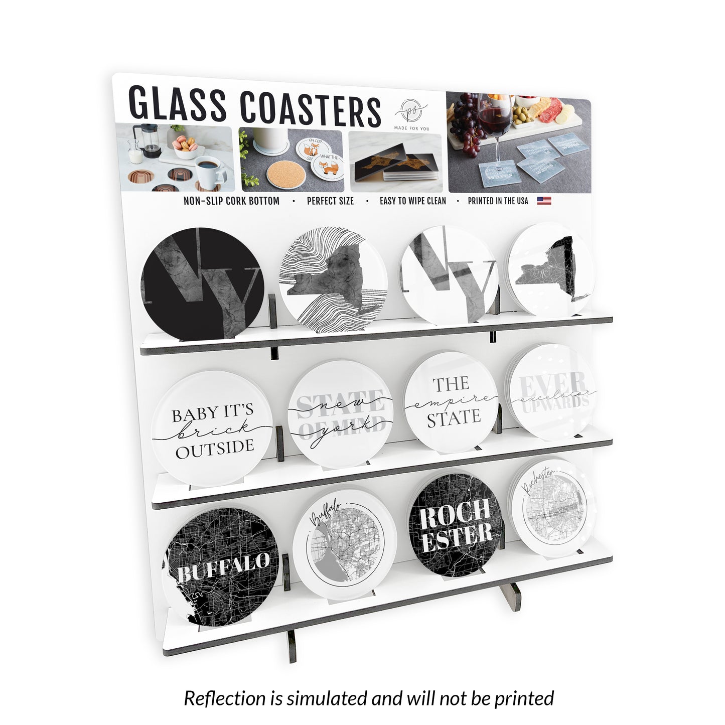 Minimalistic B&W New York Glass Circle Coaster Loaded Display POP Min of 1