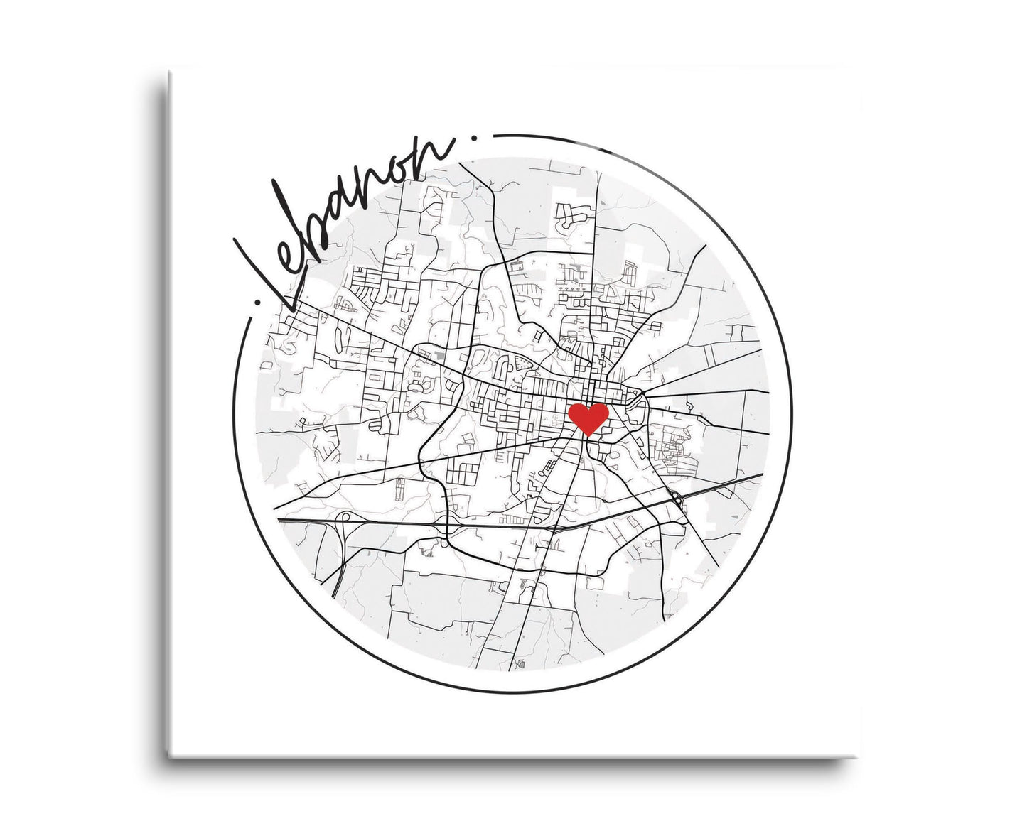 Minimalist B&W Tennessee Lebanon Circle Map Heart | Hi-Def Glass Art | Eaches | Min 2